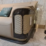 Cream Leather Sofa with Lace-Up Diamond-Stitched Sides and Dark Glossy Frame